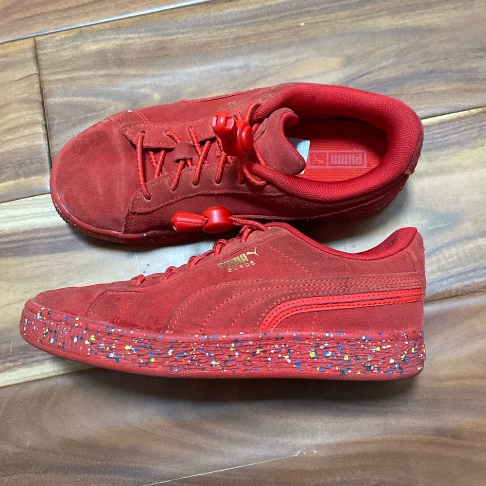 Red suede pumas size 2.5